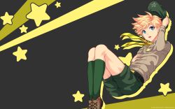 Rule 34 | 1boy, black background, blonde hair, blue eyes, breast pocket, brown footwear, brown shirt, camp buddy, collared shirt, full body, green shorts, green socks, hand on headwear, highres, hunter springfield, long sleeves, male focus, mikkoukun, official art, official wallpaper, open mouth, outline, pocket, ribbon, shirt, shorts, socks, solo, springfield hunter, star (symbol), starry background, yellow outline, yellow ribbon