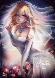 Rule 34 | 1girl, artist name, axsen, backlighting, bare shoulders, blonde hair, blue eyes, blush, bridal gauntlets, bridal veil, brooch, choker, closed mouth, cowboy shot, dress, earrings, fingernails, gem, jewelry, leaning forward, light particles, lips, long hair, looking at viewer, mario (series), nintendo, piranha plant, playing with own hair, princess peach, see-through, signature, smile, solo, standing, strapless, strapless dress, super mario odyssey, tiara, veil, watermark, web address, wedding dress, white choker, white dress