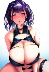 Rule 34 | 1girl, black one-piece swimsuit, breasts, cleavage, fate/grand order, fate (series), gold trim, hair up, hairband, highres, huge breasts, impossible clothes, impossible swimsuit, looking at viewer, murasaki shikibu (fate), murasaki shikibu (swimsuit rider) (fate), murasaki shikibu (swimsuit rider) (first ascension) (fate), one-piece swimsuit, ootori subaru, purple eyes, purple hair, short eyebrows, solo, star-shaped pupils, star (symbol), swimsuit, symbol-shaped pupils
