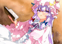 Rule 34 | 1girl, blush, book, crescent, crescent hat ornament, dress, hair between eyes, hat, hat ornament, highres, holding, holding book, long hair, long sleeves, mob cap, open book, open mouth, patchouli knowledge, pink dress, pink hat, purple eyes, purple hair, qqqrinkappp, solo, touhou