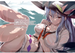 Rule 34 | 1girl, black hat, blue hair, blush, bowler hat, breast hold, breasts, center frills, cleavage, closed mouth, collarbone, dappled sunlight, day, expressionless, food, frills, fruit, hand on own chest, hat, highres, hinanawi tenshi, large breasts, leaf, legs up, letterboxed, long hair, looking at viewer, lying, navel, necktie, neropaso, on back, partially submerged, peach, red eyes, red necktie, scan, see-through, shirt, short sleeves, sidelocks, solo, stomach, sunlight, text focus, thighs, touhou, translation request, tsurime, undone necktie, water, wet, wet clothes, wet shirt, white shirt