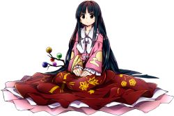 Rule 34 | 1girl, baba (baba seimaijo), black hair, bow, branch, brown eyes, houraisan kaguya, image sample, jeweled branch of hourai, long hair, long skirt, long sleeves, parody, resolution mismatch, shirt, sitting, skirt, solo, source larger, style parody, touhou, transparent background, very long hair, wide sleeves