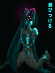 Rule 34 | 1girl, anus, barefoot, bdsm, blindfold, blush, bondage, bound, breasts, cloth gag, cuffs, cum, cum on ass, cum on body, cum on breasts, cum on upper body, feet, gag, gagged, hatsune miku, highres, improvised gag, neon lights, non-web source, nude, over the mouth gag, pasties, shackles, small breasts, tape, tape bondage, tape gag, tape on nipples, vocaloid