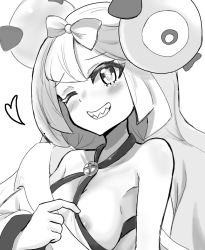 Rule 34 | 1girl, bare shoulders, blush, bow-shaped hair, breasts, clothes pull, creatures (company), eyes visible through hair, furrowed brow, game freak, gen 1 pokemon, greyscale, grin, halterneck, hand up, heart, iono (pokemon), ireiza, long hair, long sleeves, looking at viewer, magnemite, magnet, medium breasts, monochrome, nintendo, nipples, one-eyed, one eye closed, pokemon, pokemon (creature), pokemon sv, pulled by self, screw, sharp teeth, simple background, smile, teeth, upper body, white background
