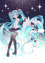 Rule 34 | #compass, 2girls, absurdly long hair, absurdres, aqua eyes, aqua hair, aqua nails, aqua necktie, bare shoulders, black legwear, black skirt, black sleeves, commentary, crossover, detached sleeves, full body, gradient background, hair ornament, halftone, halftone background, hands up, hatsune miku, hatsune miku (vocaloid4), headphones, headset, highres, layered skirt, long hair, looking at viewer, miniskirt, multiple girls, nail polish, necktie, night, night sky, nishina hima, one eye closed, open mouth, pleated skirt, robot, shirt, shoulder tattoo, skirt, sky, sleeveless, sleeveless shirt, smile, star (sky), starry sky, tattoo, thighhighs, twintails, v4x, very long hair, vocaloid, voidoll, white hair, white shirt, zettai ryouiki