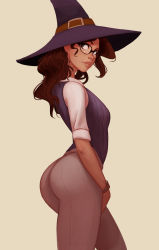 Rule 34 | 119, 1girl, arched back, ass, breasts, brown background, brown eyes, brown hair, dark-skinned female, dark skin, glasses, hat, highres, lips, long hair, looking back, medium breasts, nose, raichiyo33, simple background, solo, standing, thick lips, watch, witch hat, wristwatch
