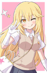 Rule 34 | 1girl, ;p, bag, black skirt, blonde hair, border, breasts, brown sweater vest, chain, chain between breasts, collared shirt, commentary, elbow gloves, gloves, hair between eyes, hand up, handbag, highres, large breasts, looking at viewer, medium breasts, one eye closed, outside border, pink background, school emblem, school uniform, shirt, shokuhou misaki, short sleeves, simple background, skirt, smile, solo, sparkle, spider web print, star-shaped pupils, star (symbol), summer uniform, sweater vest, symbol-shaped pupils, toaru kagaku no mental out, toaru kagaku no railgun, toaru majutsu no index, tokiwadai school uniform, tongue, tongue out, toushirou (sugarwhite1046), v, white border, white gloves, white shirt, yellow pupils