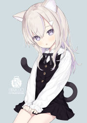 Rule 34 | 1girl, animal ear fluff, animal ears, artist name, capriccio, cat ears, cat girl, cat tail, chestnut mouth, commentary request, dress, grey background, hair between eyes, hair ornament, hairclip, light blush, long hair, long sleeves, looking at viewer, multicolored hair, open mouth, original, purple eyes, purple hair, simple background, sitting, sleeves past wrists, solo, streaked hair, tail, two-tone hair, white hair