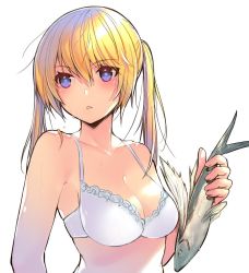 Rule 34 | 1girl, blonde hair, blue eyes, bra, breasts, chestnut mouth, cleavage, fish, highres, looking away, medium breasts, official art, onishima homare, parted lips, sagara riri, simple background, skindentation, solo, sounan desuka?, twintails, underwear, upper body, white background