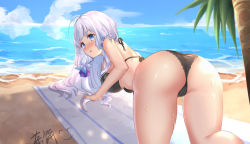 Rule 34 | 1girl, all fours, alternate costume, ass, azur lane, beach, bikini, black bikini, blue eyes, breasts, chahei, from behind, illustrious (azur lane), large breasts, long hair, looking at viewer, outdoors, sand, signature, solo, swimsuit, water, white hair