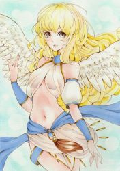 Rule 34 | 1girl, blonde hair, breasts, breath of fire, breath of fire 6, commentary request, long hair, looking at viewer, midriff, navel, nina (breath of fire 6), smile, solo, wings