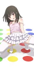 Rule 34 | 1girl, absurdres, arm support, bare shoulders, black eyes, black hair, blush, breasts, camui1104, commentary request, highres, layered skirt, looking at viewer, medium hair, midriff peek, monogatari (series), nisemonogatari, no shoes, open mouth, pink shirt, sengoku nadeko, shirt, simple background, skirt, small breasts, solo, spaghetti strap, strap slip, thighhighs, twister, white background, white skirt, white thighhighs