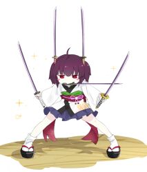 Rule 34 | 1girl, blue skirt, blush stickers, commentary request, highres, holding, holding sword, holding weapon, japanese clothes, katana, kimono, konori (ahurerukuiizi), legs apart, long sleeves, looking at viewer, mouth hold, obi, obiage, obijime, okobo, outstretched arms, pleated skirt, purple hair, red eyes, sandals, sash, simple background, skirt, socks, solo, sparkle, spread arms, standing, sword, sword hair ornament, touhoku kiritan, triple wielding, v-shaped eyebrows, voiceroid, weapon, white background, white kimono, white socks
