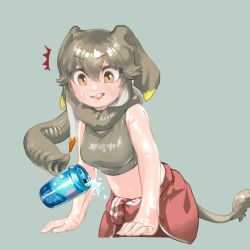 Rule 34 | :p, animal ears, bare shoulders, can, clothes around waist, crop top, drink can, elephant ears, elephant girl, fictional persona, green hair, green shirt, highres, jacket, jacket around waist, japari symbol, kemono friends, midriff, original, red jacket, shirt, short hair, sleeveless, soda can, solo, tank top, toki reatle, tongue, tongue out, track jacket, translated, yellow eyes