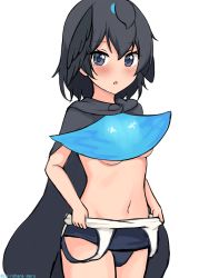 Rule 34 | 1girl, :o, absurdres, black cape, black eyes, black hair, blush, breasts, cape, clothes pull, cowboy shot, hair between eyes, head wings, highres, kemono friends, looking at viewer, medium breasts, navel, one-piece swimsuit, one-piece swimsuit pull, shiraha maru, short hair, simple background, solo, stomach, superb bird-of-paradise (kemono friends), swimsuit, underboob, white background, wings