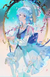 Rule 34 | 1girl, absurdres, ayaka (genshin impact), blue butterfly, blue eyes, blue hair, blunt bangs, braid, bug, butterfly, cherry blossoms, cowboy shot, crown braid, falling petals, fre (haochilanzuo), genshin impact, hat, highres, holding, holding umbrella, insect, looking at viewer, mirror, petals, solo, tassel, umbrella, white hair