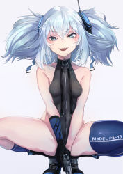 Rule 34 | 1girl, :d, bad id, bad pixiv id, bare shoulders, black gloves, black leotard, blue eyes, blue hair, blue thighhighs, blush, boots, breasts, character name, clothes writing, commentary, covered erect nipples, girls&#039; frontline, gloves, grey background, gun, hair between eyes, hair ornament, hakua mill, heart, heart-shaped pupils, highres, holding, holding gun, holding weapon, leotard, looking at viewer, medium hair, open mouth, pa-15 (girls&#039; frontline), revision, simple background, small breasts, smile, solo, squatting, symbol-shaped pupils, thighhighs, twintails, weapon