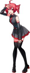 Rule 34 | 1girl, absurdres, ahoge, bare shoulders, black footwear, black shirt, black skirt, black sleeves, black thighhighs, boots, drill hair, hand on own thigh, hand up, headphones, high heels, highres, ixima, kasane teto, light blush, miniskirt, open mouth, pleated skirt, red eyes, red hair, red nails, shading eyes, shirt, short hair, shoulder tattoo, skirt, sleeves past wrists, smile, solo, source request, tattoo, thigh boots, thighhighs, transparent background, twin drills, utau, zettai ryouiki