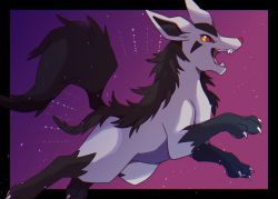 Rule 34 | black border, black fur, border, claws, colored sclera, commentary request, creatures (company), from side, game freak, gen 3 pokemon, highres, kechon-san, mightyena, nintendo, open mouth, pokemon, pokemon (creature), purple background, red eyes, solo, teeth, tongue, yellow sclera