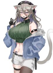 Rule 34 | 1girl, absurdres, animal ear fluff, animal ears, asymmetrical legwear, bare shoulders, belt, black gloves, black hat, black mask, blue jacket, blush, breasts, cat ears, cat girl, cat tail, crop top, ear piercing, extra ears, fishnet thighhighs, fishnets, gloves, green shirt, grey hair, hair between eyes, hand in pocket, hat, highres, huge breasts, jacket, long hair, long sleeves, looking at viewer, mask, mask pull, midriff, mismatched legwear, multicolored hair, navel, nompang, off shoulder, open clothes, open jacket, open mouth, original, paw print, piercing, purple eyes, purple hair, ribbed shirt, shirt, short shorts, shorts, simple background, single leg pantyhose, solo, tail, thighhighs, white background, white shorts