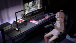 Rule 34 | 1girl, 3d background, absurdres, ahoge, bare arms, bare legs, braid, brown eyes, chair, chinese commentary, commentary request, cup, curtains, dark room, desk lamp, feet out of frame, gaming chair, genderswap, genderswap (mtf), grey hair, hair between eyes, highres, holding, holding tablet pc, indoors, keyboard (computer), lamp, long hair, looking at viewer, monitor, mouse (computer), nagisa (cxcx5235), no pants, off shoulder, onii-chan wa oshimai!, oyama mahiro, shirt, single bare shoulder, sitting, solo, swivel chair, t-shirt, tablet pc, twin braids, white shirt