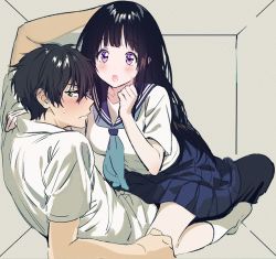 Rule 34 | 1boy, 1girl, arms up, black hair, blush, box, breasts, chitanda eru, closed mouth, couple, ear blush, embarrassed, green eyes, hair between eyes, hand on another&#039;s shoulder, hetero, hyouka, in box, in container, indoors, kamiyama high school uniform (hyouka), kneehighs, leaning back, long hair, looking at another, looking to the side, mery (yangmalgage), open mouth, oreki houtarou, purple eyes, school uniform, serafuku, shirt, short sleeves, sitting, sitting on person, skirt, socks, sweat, sweatdrop, white shirt, white socks