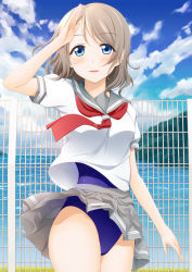 Rule 34 | 10s, 1girl, ascot, bad id, bad pixiv id, blue eyes, blue one-piece swimsuit, brown hair, cloud, cloudy sky, day, fence, looking at viewer, love live!, love live! school idol project, love live! sunshine!!, ocean, one-piece swimsuit, parted lips, salute, school uniform, serafuku, skirt, sky, smile, solo, suzume miku, swimsuit, swimsuit under clothes, watanabe you, wind, wind lift