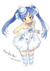 Rule 34 | 10s, 1girl, bad id, bad pixiv id, bare shoulders, blue hair, blush, brown eyes, dress, flat chest, gloves, hair ribbon, happy birthday, hat, idolmaster, idolmaster (classic), idolmaster cinderella girls, kisaragi chihaya, long hair, ribbon, solo, striped clothes, striped thighhighs, tanaka (colorcorn), thighhighs, twintails, white gloves