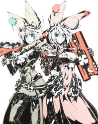 Rule 34 | 2girls, ahoge, alternate costume, ammunition, animal ears, bad id, bad pixiv id, belt, blue eyes, bracelet, breasts, bullet, cleavage, cleavage cutout, clothing cutout, collar, dual persona, duplicate, elphelt valentine, fake animal ears, full-power cartridge, guilty gear, guilty gear xrd, gun, hair between eyes, handgun, holding, holding weapon, jewelry, large breasts, looking at viewer, magnum cartridge, medium hair, monochrome, ms. confille, ms. travailler, multiple girls, nayutarou (nyt kag), open mouth, pistol, rabbit ears, revolver rifle, rifle, rifle cartridge, shotgun, smile, spiked bracelet, spiked collar, spikes, weapon, white background