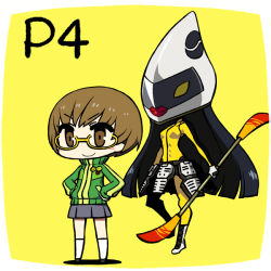 Rule 34 | 1girl, atlus, blush stickers, brown eyes, brown hair, chan co, chibi, glasses, hands on own hips, jacket, persona, persona 4, satonaka chie, short hair, smile, standing, tomoe (persona 4), track jacket, yellow-framed eyewear