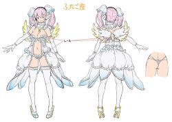 Rule 34 | 1girl, :&gt;, ass, breasts, butt crack, character sheet, cleavage, dress, elbow gloves, female focus, flat color, full body, gemini (symbol), gloves, headphones, looking at viewer, multiple views, navel, nitroplus, panties, pink hair, red eyes, simple background, super sonico, thighhighs, tsuji santa, twintails, underwear, white background, wings