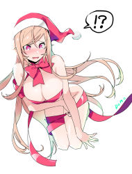 Rule 34 | !, !?, 1girl, ?, alternate costume, artist name, bare arms, bare shoulders, blush, bow, breast hold, breasts, cleavage, commentary request, doromame, hat, large breasts, long hair, looking at viewer, naked ribbon, nakiri erina, open mouth, red bow, red neckwear, red ribbon, ribbon, santa hat, shokugeki no souma, simple background, solo, spoken exclamation mark, spoken question mark, very long hair, white background
