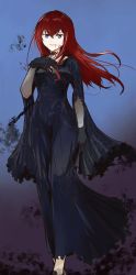 Rule 34 | 1girl, abstract background, alternate costume, black dress, black gloves, blood, blood on face, blue eyes, closed mouth, commentary request, dress, gloves, gradient background, hair between eyes, highres, jun (2577985), long dress, long hair, long sleeves, looking at viewer, makise kurisu, red hair, simple background, smile, solo, standing, steins;gate, wide sleeves