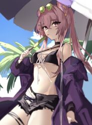Rule 34 | 1girl, :p, animal ears, arknights, bare shoulders, beach umbrella, bikini, black bikini, black choker, blue sky, breasts, choker, clothes down, commentary request, cowboy shot, expressionless, eyewear on head, food, goma 74umai, green-tinted eyewear, halterneck, highres, holding, holding food, holding popsicle, jacket, lin (arknights), long hair, looking at viewer, mouse ears, navel, official alternate costume, open clothes, open jacket, outdoors, palm tree, pink eyes, pink hair, popsicle, purple jacket, sideways glance, sketch, sky, small breasts, solo, stomach, sunglasses, swimsuit, tinted eyewear, tongue, tongue out, tree, twintails, umbrella