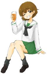 Rule 34 | 10s, 1girl, black neckerchief, black socks, blouse, brown eyes, brown footwear, brown hair, cup, drinking glass, freckles, full body, girls und panzer, green skirt, grin, holding, invisible chair, loafers, long sleeves, looking at viewer, loose socks, neckerchief, oimo mushi, one eye closed, ooarai school uniform, school uniform, serafuku, shirt, shoes, short hair, simple background, sitting, sketch, skirt, smile, socks, solo, tsuchiya (girls und panzer), white background, white shirt