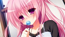 Rule 34 | 1girl, blush, candy, collarbone, covered mouth, eyebrows, food, game cg, hair between eyes, holding, holding food, kanadome miyako, lollipop, long hair, looking at viewer, nanaka mai, one side up, pink eyes, pink hair, portrait, pure girl, purple eyes, sliding doors, solo, striped, tareme, upper body