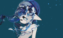 Rule 34 | 1girl, air bubble, aqua background, aqua eyes, aqua theme, blue background, blue eyes, blue hair, blue theme, blurry, breasts, bubble, closed mouth, colored skin, commentary, dot mouth, expressionless, film grain, from side, inkling, inkling girl, inkling player character, large ears, leaning back, navel, nekoolantern, nintendo, no nipples, no pupils, pointy ears, small breasts, solo, splatoon (series), squid girl, tentacle hair, translucent hair, underwater, upper body, white skin