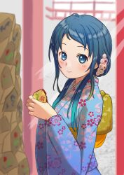 Rule 34 | 1girl, alternate hairstyle, blue eyes, blue hair, blue kimono, dolphins3ino, floral print kimono, hair ornament, highres, japanese clothes, kantai collection, kimono, new year, samidare (kancolle), sidelocks, smile, torii