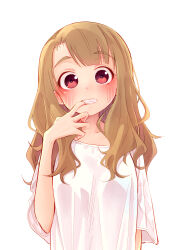 Rule 34 | 1girl, absurdres, blunt bangs, blush, breasts, brown hair, collarbone, finger in own mouth, highres, idolmaster, idolmaster million live!, long hair, looking at viewer, medium breasts, miyao miya, nitta hiroto, red eyes, shirt, simple background, solo, upper body, white background, white shirt