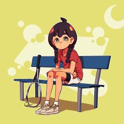 Rule 34 | 1girl, ahoge, ammonio, ball, bench, bike shorts, black hair, black shorts, braid, crossed arms, full body, highres, long hair, looking at viewer, original, racket, red shirt, shirt, shoes, short sleeves, shorts, shorts under shorts, sitting, sneakers, solo, tennis ball, tennis racket, twin braids, white shorts, yellow background