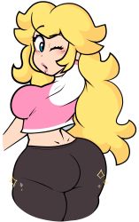 Rule 34 | 1girl, absurdres, arm behind head, ass, black pants, blonde hair, blue eyes, breasts, casual, cropped arms, diamond (shape), dimples of venus, eyelashes, from behind, gonenannurs, highres, huge ass, jewelry, large breasts, lips, long hair, looking at viewer, looking back, mario (series), nintendo, one eye closed, open mouth, pants, pink lips, pink shirt, princess peach, raised eyebrow, shirt, short sleeves, simple background, solo, super mario bros. 1, t-shirt, thighs, tight clothes, tight pants, white background, white shirt, yoga pants