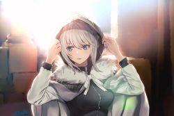 Rule 34 | 1girl, ahoge, asurada yui, black jacket, blue eyes, breasts, cape, fate (series), gray (fate), grey cape, hair between eyes, hood, hood up, hooded, jacket, large breasts, long sleeves, lord el-melloi ii case files, neck ribbon, parted lips, ribbon, short hair, signature, silver hair, solo, upper body, white ribbon, white sleeves