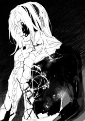 Rule 34 | 1girl, blood, blood on face, braid, character request, commentary request, cracked skin, dog 9uk, elden ring, greyscale, highres, korean commentary, long hair, monochrome, nude, single braid, solo, upper body