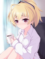 Rule 34 | 1girl, absurdres, ahoge, andou tazusa, assault lily, black ribbon, blonde hair, blurry, blurry background, blush, breasts, closed mouth, coffee, collarbone, collared shirt, commentary request, cup, curtains, dress shirt, fingernails, hands up, highres, holding, holding cup, indoors, knees up, kuroha koudai, long sleeves, looking at viewer, mug, no pants, nose blush, ponytail, raised eyebrows, red eyes, ribbon, shirt, short hair, sitting, sleeves past wrists, small breasts, solo, steam, two-tone ribbon, upper body, white ribbon, white shirt