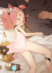 Rule 34 | 1boy, 1girl, animal ear fluff, animal ears, blvefo9, cat ears, cat girl, cat tail, closed eyes, commentary, diona (genshin impact), dress, drooling, english commentary, genshin impact, heart, lying, mixed-language commentary, open mouth, panties, pink hair, pink panties, saliva, short hair, sleeping, sleeveless, sleeveless dress, solo focus, tail, thick eyebrows, underwear, white dress