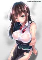 Rule 34 | 1girl, black hair, blush, breasts, brown hair, chikuma (kancolle), commentary request, kantai collection, large breasts, long hair, looking at viewer, no bra, one-hour drawing challenge, pelvic curtain, remodel (kantai collection), saboten teishoku, see-through, torn clothes, wet, wet clothes