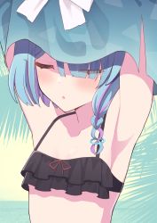 Rule 34 | 1girl, :o, absurdres, armpits, arms up, arona (blue archive), bikini, black bikini, blue archive, blue hair, blue shirt, blush, bow, braid, closed eyes, collarbone, commentary request, eyes visible through hair, hair over one eye, highres, kakido (hatisaka28), long hair, multicolored hair, parted lips, pink hair, shirt, single braid, solo, swimsuit, two-tone hair, undressing, upper body, white bow