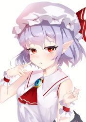 Rule 34 | 1girl, absurdres, ascot, bat wings, ei tantan, hat, hat ribbon, highres, looking at viewer, mob cap, open mouth, pointy ears, purple hair, red ascot, red eyes, red ribbon, remilia scarlet, ribbon, shirt, short hair, simple background, sleeveless, solo, touhou, upper body, white background, white hat, white shirt, wings, wrist cuffs
