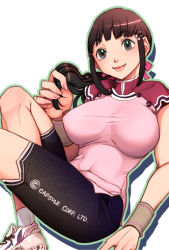 Rule 34 | 1girl, breasts, brown hair, chi-chi (dragon ball), dragon ball, english text, female focus, harumaki, large breasts, shirt, simple background, solo, taut clothes, taut shirt, white background