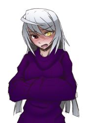 Rule 34 | 10s, 1girl, ahoge, blush, breasts, colorized, crossed arms, full-face blush, heterochromia, huge ahoge, infinite stratos, large breasts, laura bodewig, maydrawfag, no eyepatch, non-web source, open mouth, red eyes, ribbed sweater, silver hair, solo, sweater, transparent background, yellow eyes